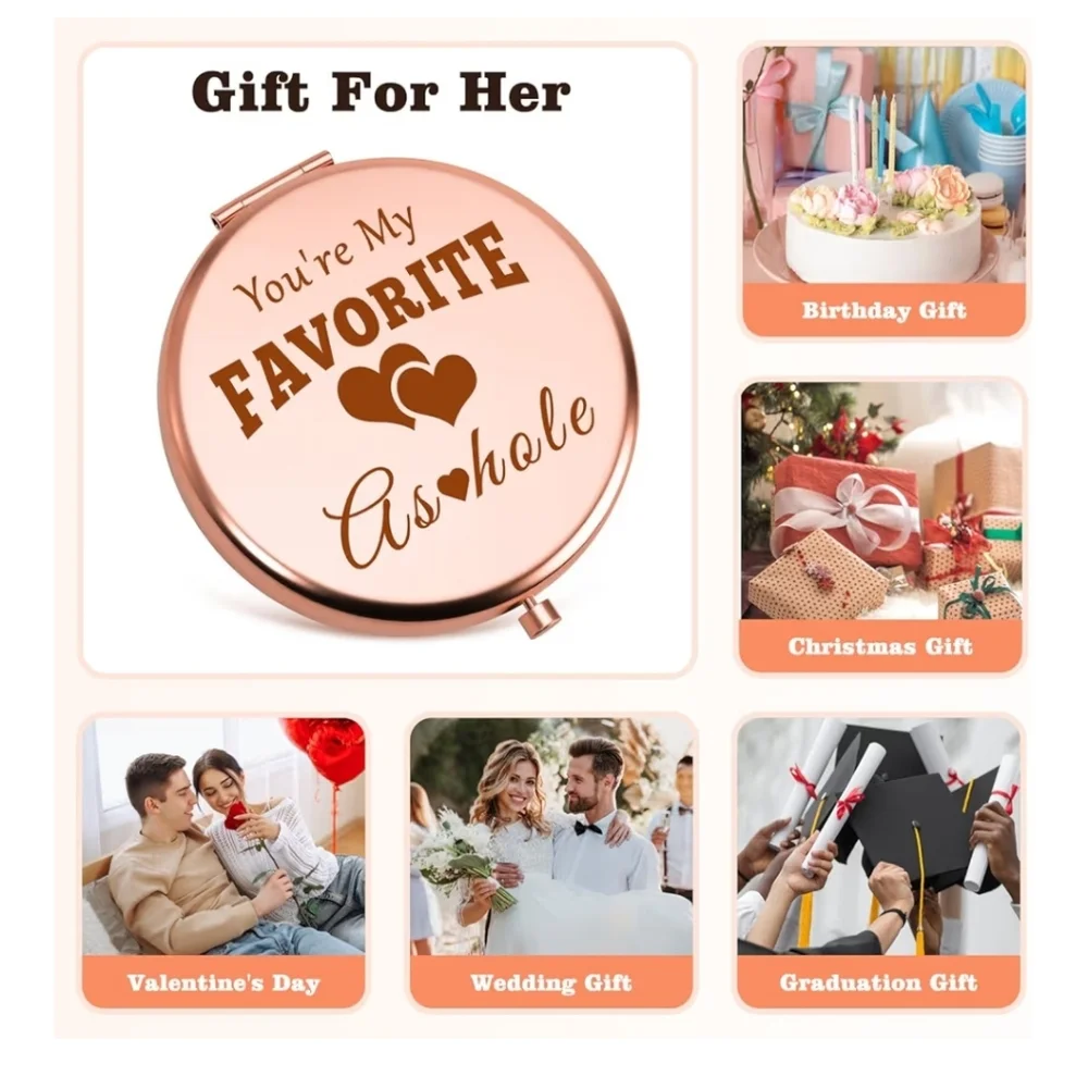 Funny Rose Gold Compact Mirror with Heart Design